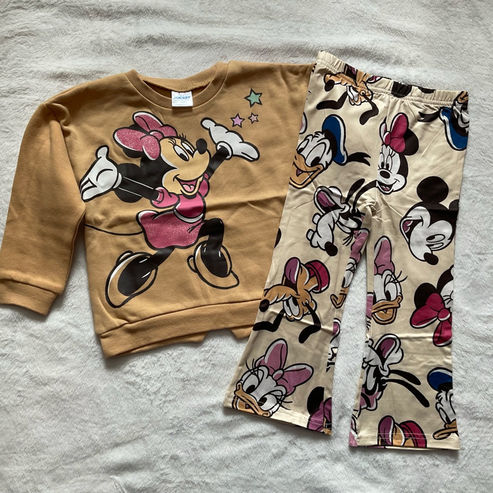 DISNEY Minnie Mouse Sparkle BOW Sweatshirt w/ Stars & Character Pants Set NWT